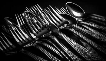 A row of shiny metal utensils in black and white generated by AI photo