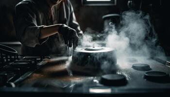 The skilled metal worker expertly turns the steel on the turntable generated by AI photo