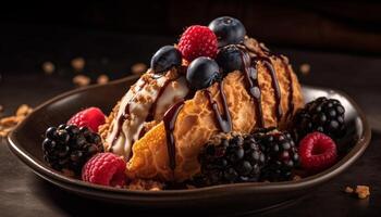 A homemade Belgian waffle stack with berry fruit and chocolate sauce generated by AI photo