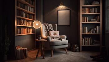 Cozy modern living room with bookshelf, antique desk, and comfortable sofa generated by AI photo