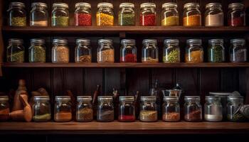 A large collection of multi colored spice jars on wooden shelf generated by AI photo