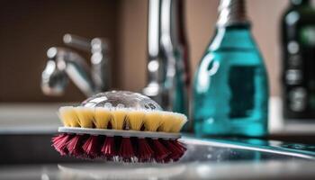 Scrubbing dirty crockery with dishwashing liquid and scouring pad generated by AI photo