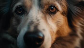 mullido de pura raza cachorro, un leal amigo, mirando a cámara al aire libre generado por artificial inteligencia foto