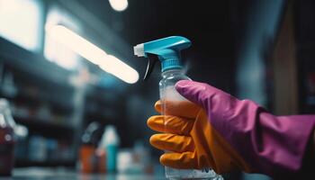 One person holding bottle, spraying liquid with protective glove indoors generated by artificial intelligence photo