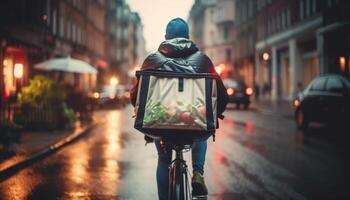 A lone cyclist braves the traffic on a city street generated by artificial intelligence photo