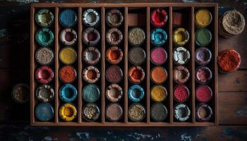 A vibrant collection of spices in a metal container box generated by artificial intelligence photo