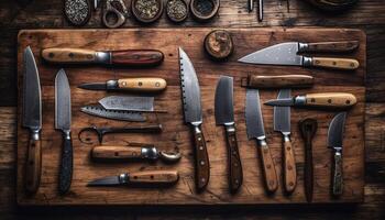 agudo acero cuchillas en de madera corte junta, un cocina colección generado por artificial inteligencia foto