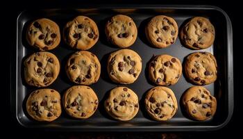 Indulgent homemade chocolate chip cookies on rustic wood tray generated by artificial intelligence photo