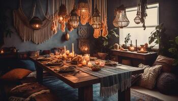 Candlelit gourmet meal in rustic domestic room exudes elegance and comfort generated by artificial intelligence photo