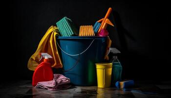 A colorful collection of cleaning tools for household chores generated by AI photo