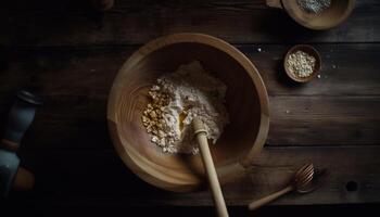 Rustic wooden spoon mixes organic flour for homemade bread dough generated by AI photo