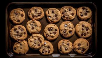 un apilar de indulgente hecho en casa chocolate chip galletas en plato generado por ai foto