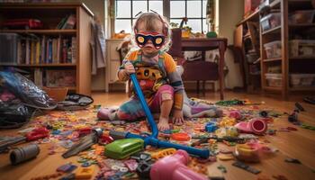 linda preescolares jugando con vistoso juguetes en alegre cuarto de jugar adentro generado por ai foto