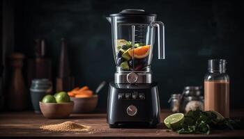 Fresh organic fruit cocktail, mixed with electric juicer and blender generated by AI photo