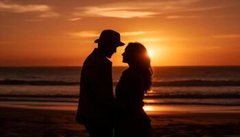 A romantic sunset kiss, embracing love in nature beauty generated by AI photo