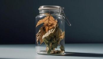 Dried plant in glass jar symbolizes growth and fragility generated by AI photo