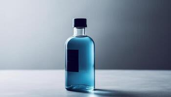Fresh blue liquid in glass bottle, perfect for refreshing drink generated by AI photo