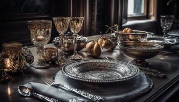 Rustic elegance old fashioned crockery and silverware adorn wooden table generated by AI photo