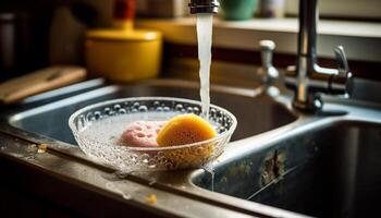 Preparing healthy meal with fresh organic lemon, mixing in stainless steel bowl generated by AI photo