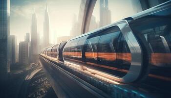 conducción mediante dubai moderno horizonte en un subterraneo tren, iluminado generado por ai foto