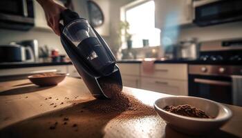 One person making fresh coffee, pouring hot drink into mug generated by AI photo