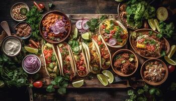 A gourmet taco bowl with fresh guacamole, grilled beef, and cilantro generated by AI photo