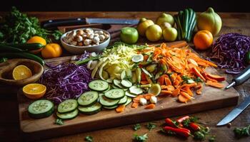 Fresh organic salad with healthy vegetables, herbs, and spices prepared indoors generated by AI photo