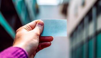 Successful businessman holding blank credit card, focus on foreground hand generated by AI photo