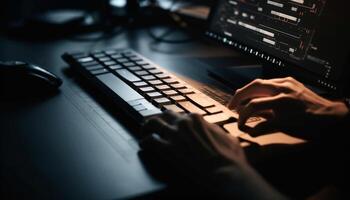 A busy businessman typing on his computer keyboard at night generated by AI photo