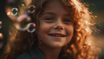 uno linda niña jugando con burbujas, disfrutando despreocupado infancia al aire libre generado por ai foto