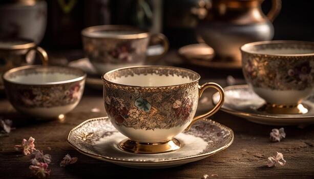 un antiguo pasado de moda café taza en un rústico madera platillo generado por ai foto