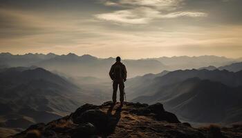 Standing on mountain peak, one person achieves adventure and success generated by AI photo