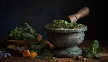Fresh organic herbs in rustic mortar, alchemy for healthy seasoning generated by AI photo