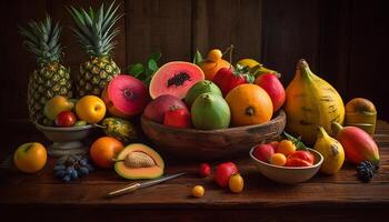 A colorful bowl of fresh, ripe, organic fruit for eating generated by AI photo