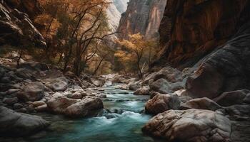 Tranquil scene of autumn forest, mountain, and flowing water generated by AI photo