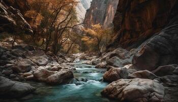 tranquilo escena de otoño bosque, montaña, y fluido agua generado por ai foto