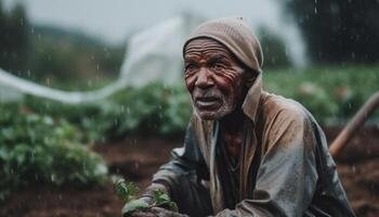 One man, senior adult, farmer, sitting in wet mud generated by AI photo