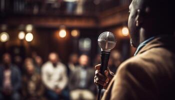 The young singer held the microphone, captivating the nightclub audience generated by AI photo