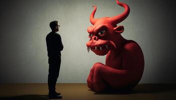 The devilish businessman stood with horned animal in fiery hell generated by AI photo