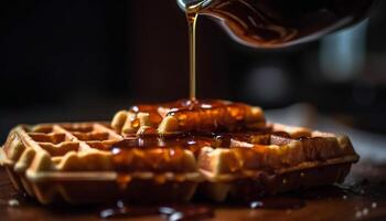 Golden honey pouring over fresh Belgian waffles, a gourmet dessert generated by AI photo