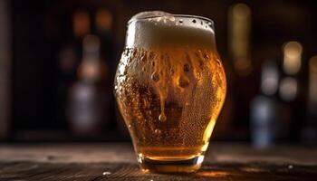 A frothy pint of stout, pouring onto a wooden table generated by AI photo