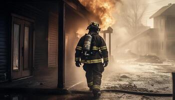 Firefighters spraying water on burning building, protecting built structure from inferno generated by AI photo