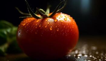 Fresh organic tomato, ripe and wet, a healthy gourmet meal generated by AI photo