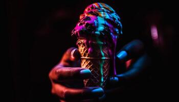 One person holding gourmet dessert, illuminated by glowing lighting equipment generated by AI photo