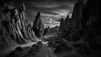 un majestuoso montaña cima, erosionado por tiempo, en monocromo belleza generado por ai foto