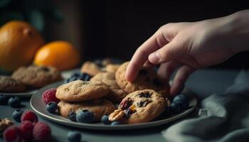 indulgente hecho en casa chocolate frambuesa Galleta, un dulce gastrónomo refresco generado por ai foto