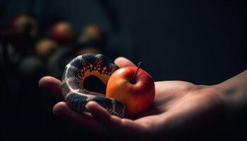 The poisonous viper holds an apple, tempting but deadly generated by AI photo