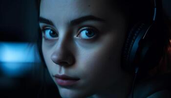 One young adult woman, headphones on, looking at camera smiling generated by AI photo