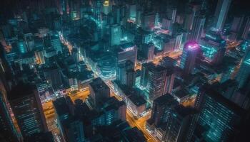 Abstract city skyline glows blue, reflecting growth and development generated by AI photo