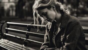 A young woman sits alone on a bench in nature generated by AI photo